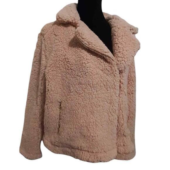 NEW Pink Teddy Jacket Coat Size Large Biker Moto Furry Sherpa‎ by SILVER JEANS - Picture 5 of 12